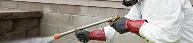 Pest control technician applying exterior insect treatment along a home foundation in Baton Rouge, LA