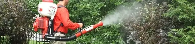 Mosquito control technician fogging shrubs and landscaping for mosquito treatment in Baton Rouge, LA