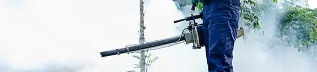 Pest control technician fogging an outdoor area for insect control in Baton Rouge, LA